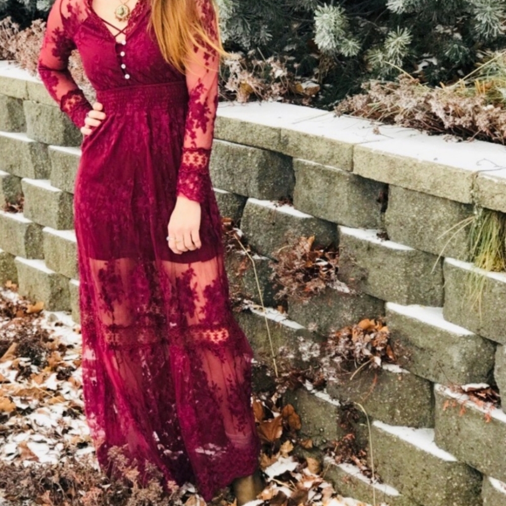Burgundy lace long sleeve maxi dress